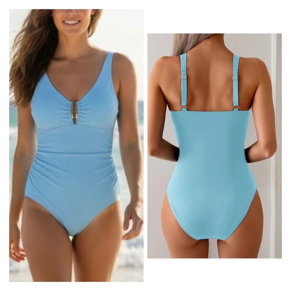 B2Prity Sky Blue Ribbed W Gold Accent One-Piece Swimsuit M NWT